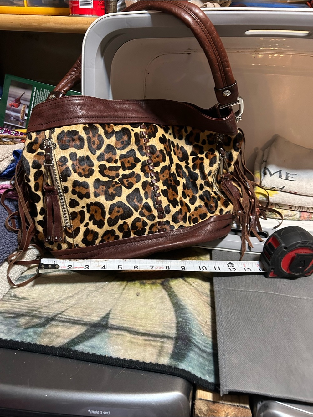 Leopard Print Shoulder Bag with Brown Trim
